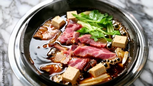 Delicious Japanese Hot Pot with Beef, Tofu, and Vegetables.