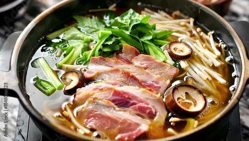 Delicious Japanese Hot Pot with Pork Belly and Vegetables.