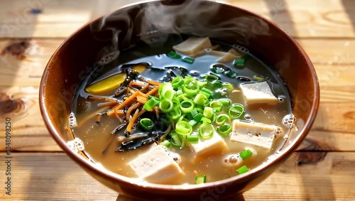 Delicious Japanese Miso Soup with Tofu and Fresh Green Onions.