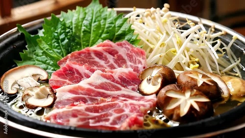Delicious Japanese Hot Pot with Sliced Beef, Mushrooms, and Vegetables.