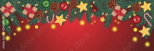 Christmas Banner with Fir Branches, Ornaments, and Gift Boxes on Red Background; Festive Holiday Border with Pine Cones, Stars, and Glow Lights for Greeting Cards, Web Headers, and Social Media