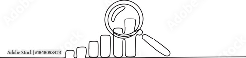 Continuous line magnifying glass and bar graph business. looking icon, fast growing business. one line Icon drawing