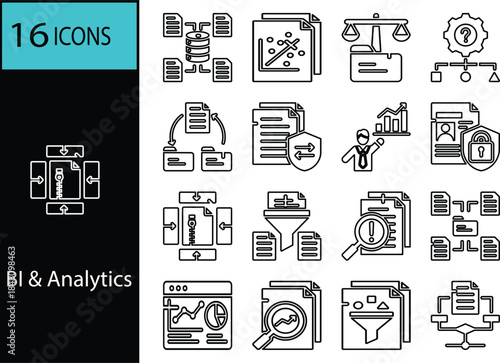 Essential outline icons representing data management, analytics, security, and information processing