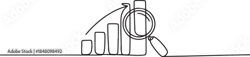 Continuous line magnifying glass and bar graph business. looking icon, fast growing business. one line Icon drawing