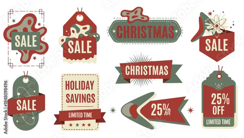 Vector illustration of collection of christmas and holiday sale tags, labels, and banners for winter promotions