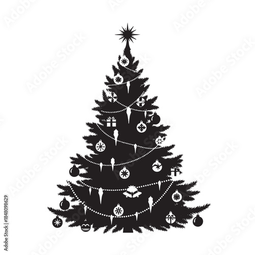 Black and white Christmas tree with ornaments and star topper 1