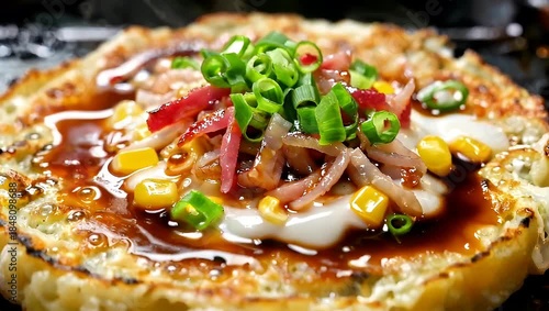 Delicious Japanese Okonomiyaki - A Culinary Delight with Fresh Toppings.