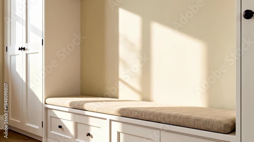 Sunlit modern entryway with white built-in bench, cabinets and beige cushion in a cozy home interior