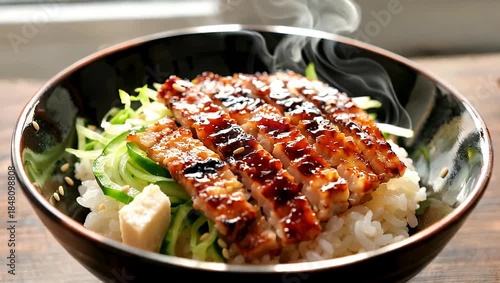 Delicious Japanese Teriyaki Chicken Rice Bowl with Fresh Vegetables.