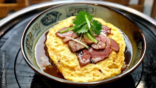 Delicious Japanese Oyakodon Dish with Egg and Meat in a Bowl.
