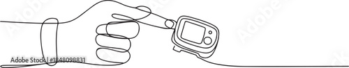 Continuous one line art drawing. Hand with oximeter on finger. Digital device to measure oxygen saturation in human. one line Icon drawing
