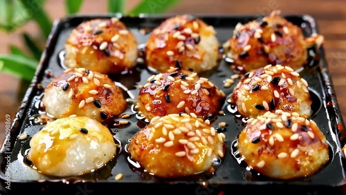 Delicious Japanese Takoyaki Balls with Sesame Seeds and Sauce.