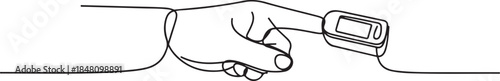 Continuous one line art drawing. Hand with oximeter on finger. Digital device to measure oxygen saturation in human. one line Icon drawing
