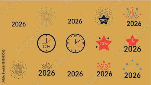 Countdown to the Future: Graphic elements representing the year 2026, including clock faces, star bursts, and fireworks, convey anticipation for the new year.