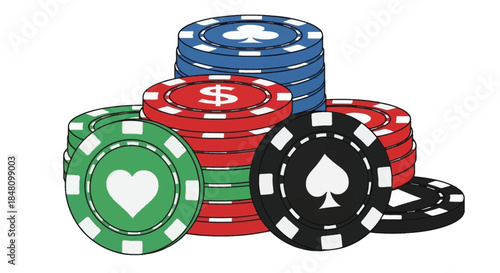 Colorful stacks of casino chips with different suits and dollar signs