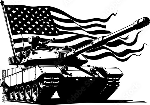American Tank with USA Flag Military Power Silhouette Vector