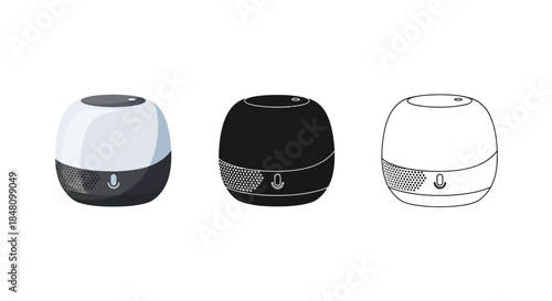 Three smart speaker variations presented in different color schemes and styles