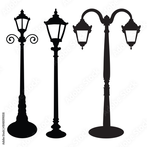 Vintage urban antique street lamp vector illustration featuring an old metal iron post and glass lantern design for city light illumination