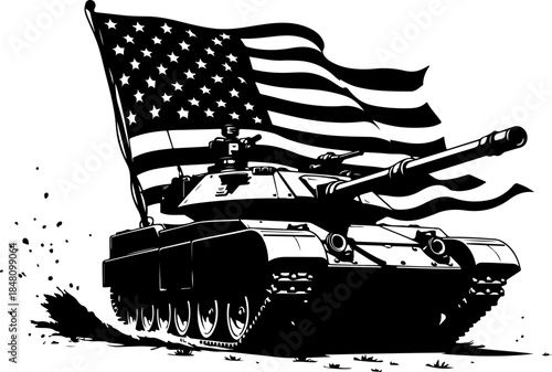 American Tank with USA Flag Military Power Silhouette Vector