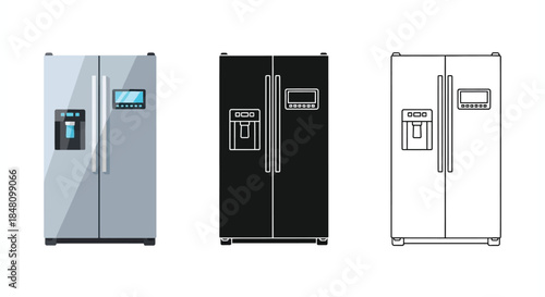 Three variations of a modern stainless steel refrigerator design in different colors