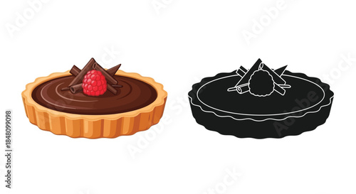 Delicious chocolate tart with raspberry and chocolate pieces color and monochrome versions