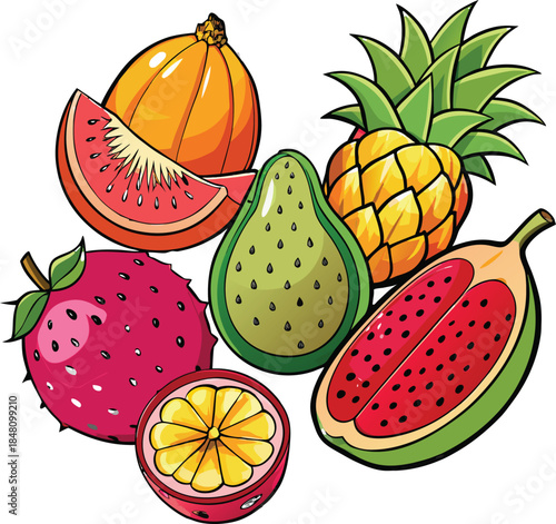 Five vibrant tropical fruits on a white background including watermelon slice passion fruit pineapple dragon fruit and orange