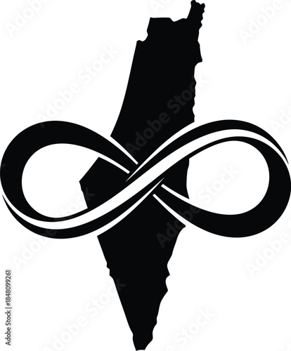 Silhouette of Palestine map intertwined with an infinity symbol on a white background Keywords: Palestine, map, infinity, symbol, outline, silhouette, black and white