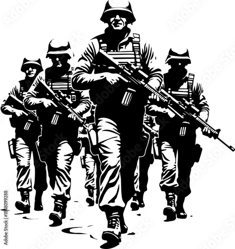 Elite Military Soldiers Marching in Formation Silhouette Vector