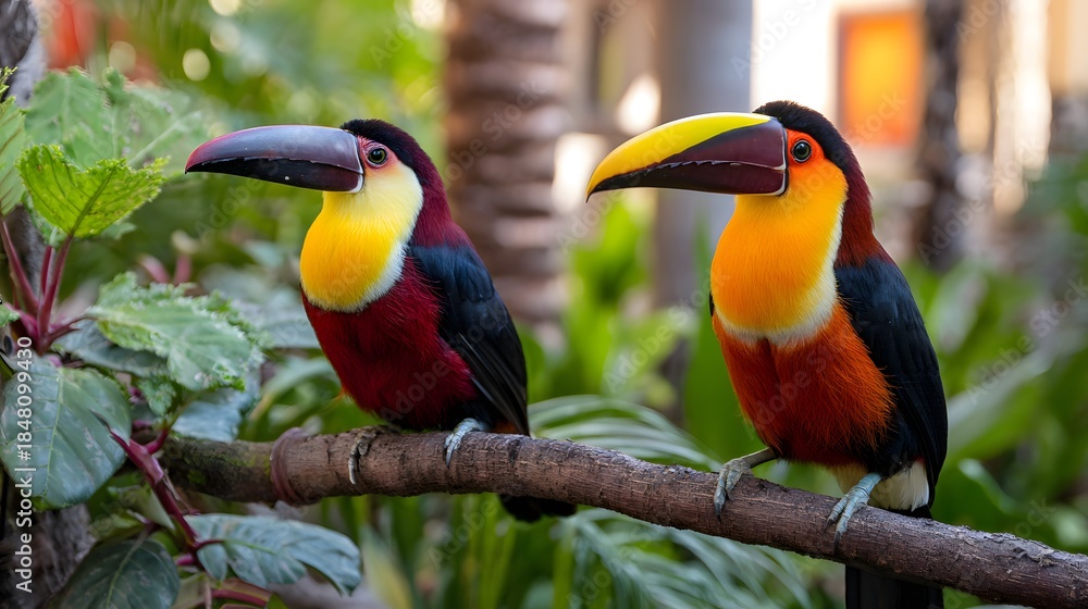 Fototapeta premium Two vibrantly colored tropical birds with large bills perch on a natural wooden branch surrounded by foliage