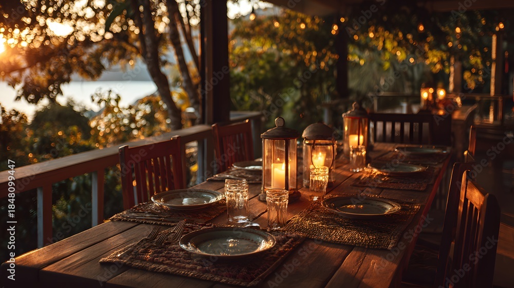 Fototapeta premium Elegant outdoor dining table set for a gathering at twilight overlooking a scenic vista