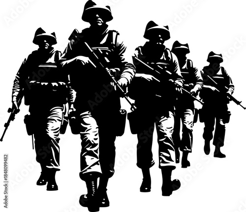 Elite Military Soldiers Marching in Formation Silhouette Vector