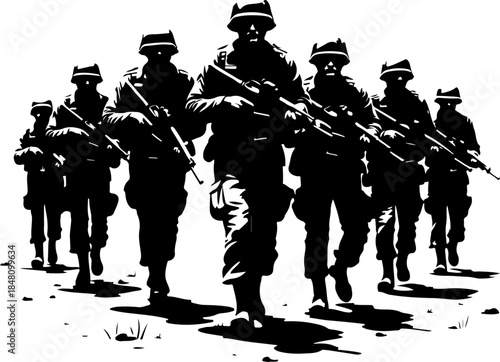Elite Military Soldiers Marching in Formation Silhouette Vector