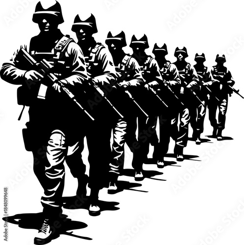 Elite Military Soldiers Marching in Formation Silhouette Vector