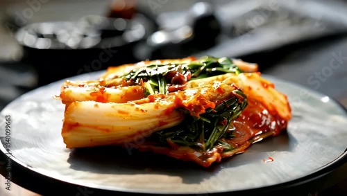 Delicious Kimchi Platter on a Silver Plate - A Culinary Delight.
