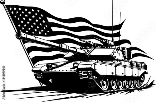 American Patriot Tank with Waving USA Flag – Military Power Black & White Vector