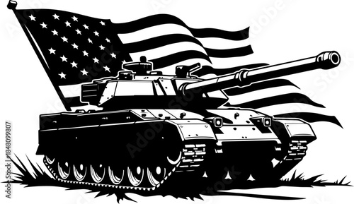American Patriot Tank with Waving USA Flag – Military Power Black & White Vector