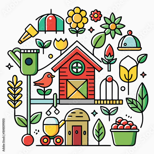 Colorful farm scene with red house, birdhouse, bird, flowers, and gardening tools