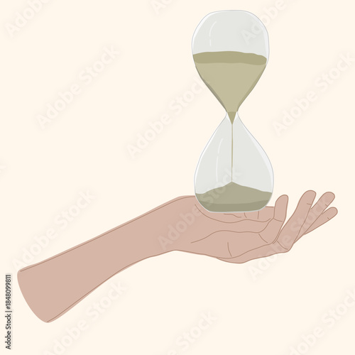 Vector illustration of a hand holding an hourglass, symbolizing mindfulness, mental health awareness, burnout prevention, and the value of time in psychological healing.