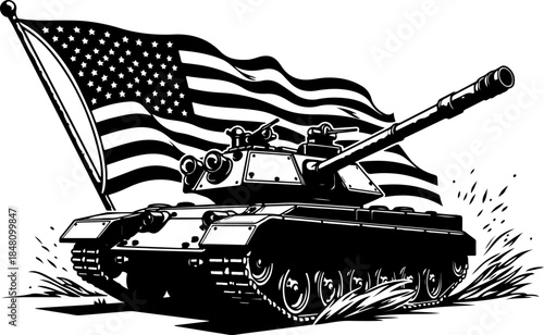 American Patriot Tank with Waving USA Flag – Military Power Black & White Vector