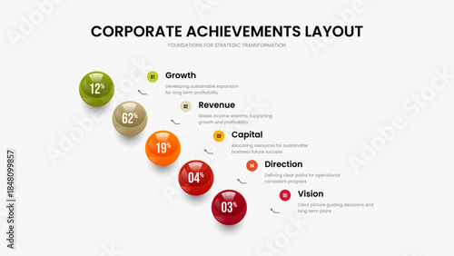 Clean Portfolio 5 Option Diagram Slide Template. Minimalist Launch Presentation Design Vector Illustration. Sales Report Five Step Graph Slideshow Layout.