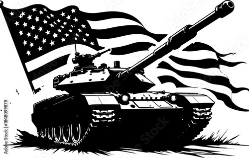 American Patriot Tank with Waving USA Flag – Military Power Black & White Vector
