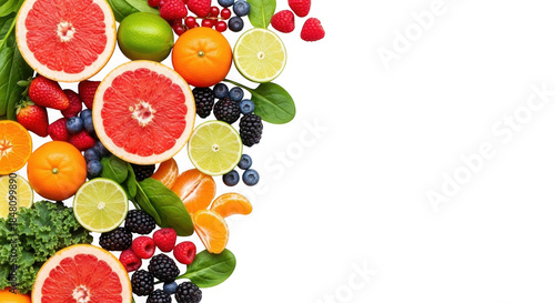 Fototapeta Naklejka Na Ścianę i Meble -  Fresh fruits and berries arranged on white background