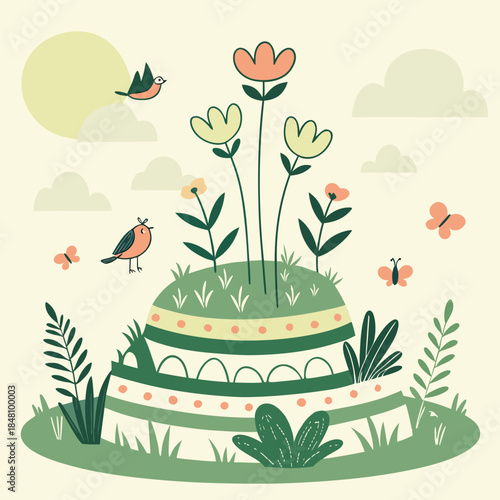 Sweet birthday cake with flowers and candles featuring a floral vector illustration design with spring butterflies and summer leaves for a festive celebration card pattern