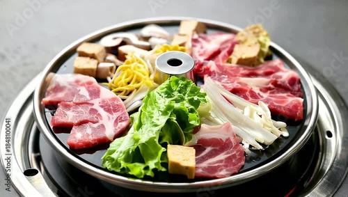 Delicious Korean BBQ Grill with Various Fresh Ingredients and Meats.