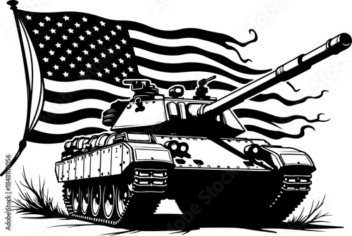American Patriot Tank with Waving USA Flag – Military Power Black & White Vector