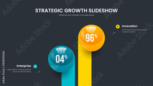 Sales Report Slide Template Vector Illustration. Product Performance Two Element Diagram Slideshow Layout. Clean Introduction 2 Step Infographic Frame Design.