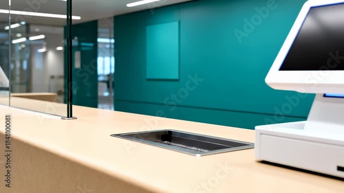 Close up view of a modern computer monitor on a beige service counter with a protective glass screen in an office or bank