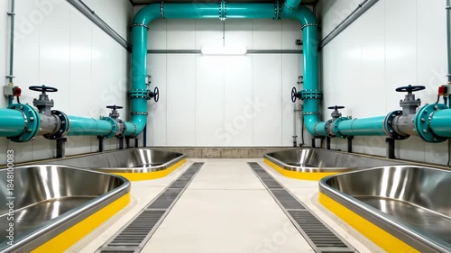 Wide shot of industrial water treatment pipes, valves, and metal troughs in a clean, bright interior maintenance room