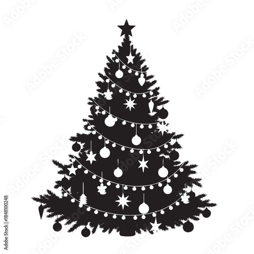 Black and white Christmas tree with ornaments and star topper stars 1