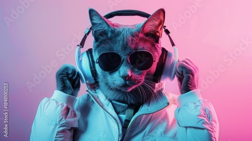A cat wearing headphones and sunglasses with a serious expression creates a comical image of a modern music lover, ideal for the atmospheric background of music apps or entertainment platforms.